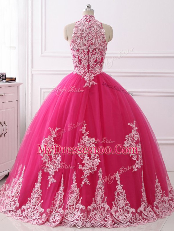 Vintage Sleeveless Floor Length Lace Zipper Sweet 16 Dresses with Hot Pink
