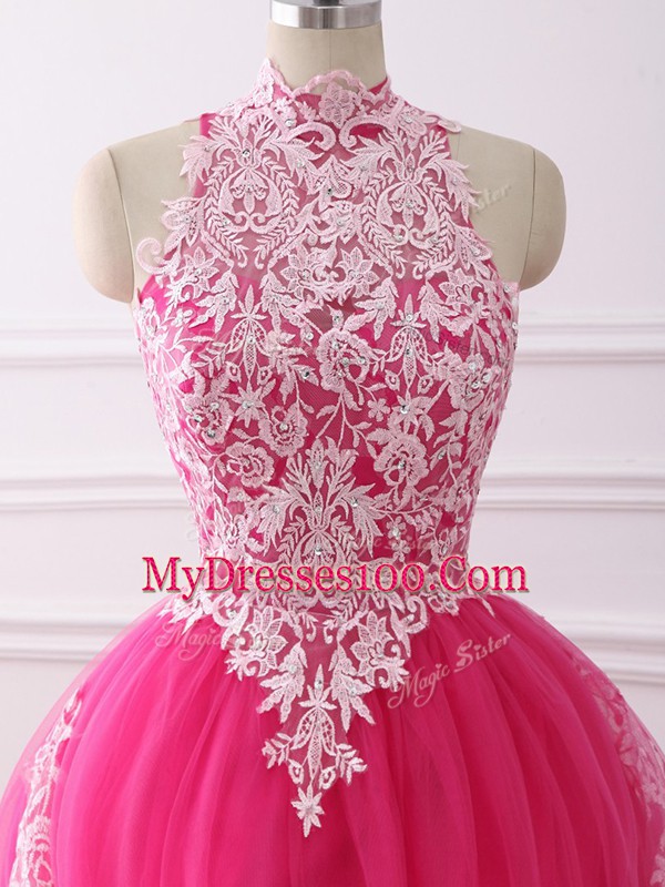 Vintage Sleeveless Floor Length Lace Zipper Sweet 16 Dresses with Hot Pink