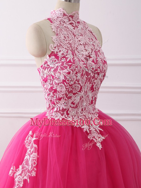 Vintage Sleeveless Floor Length Lace Zipper Sweet 16 Dresses with Hot Pink