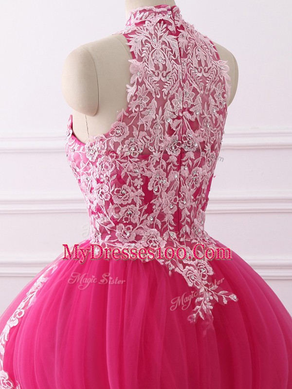 Vintage Sleeveless Floor Length Lace Zipper Sweet 16 Dresses with Hot Pink