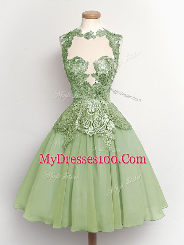 Captivating Knee Length Green Quinceanera Court Dresses High-neck Sleeveless Lace Up