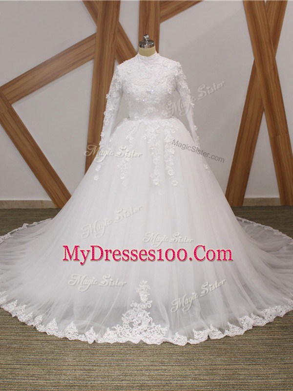 Long Sleeves Court Train Zipper Lace and Appliques Wedding Dress
