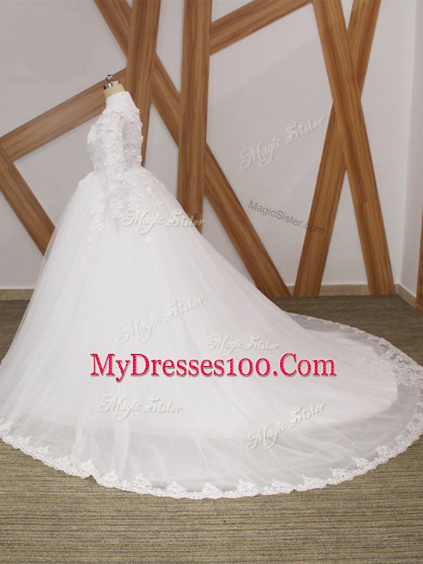 Long Sleeves Court Train Zipper Lace and Appliques Wedding Dress