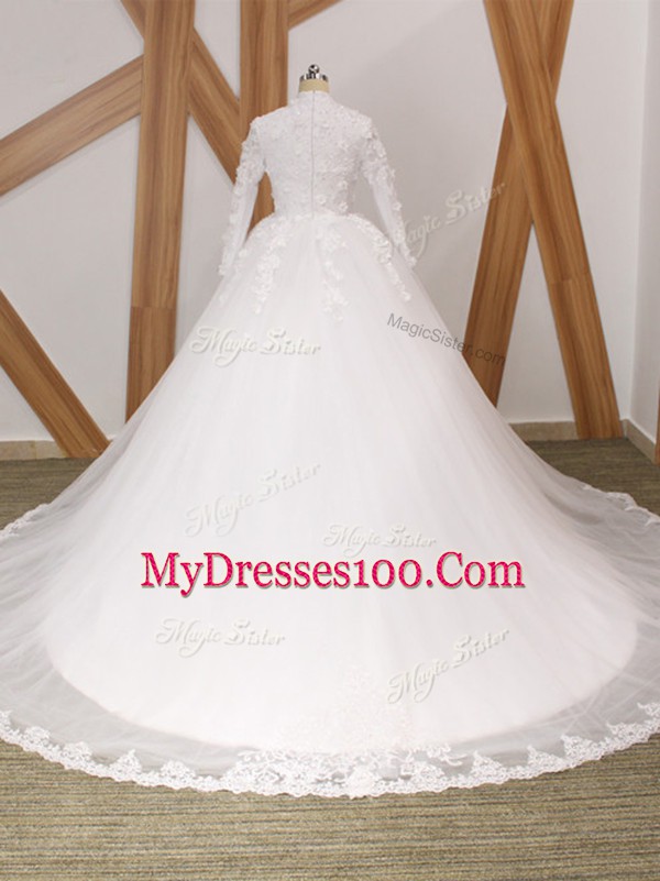 Long Sleeves Court Train Zipper Lace and Appliques Wedding Dress