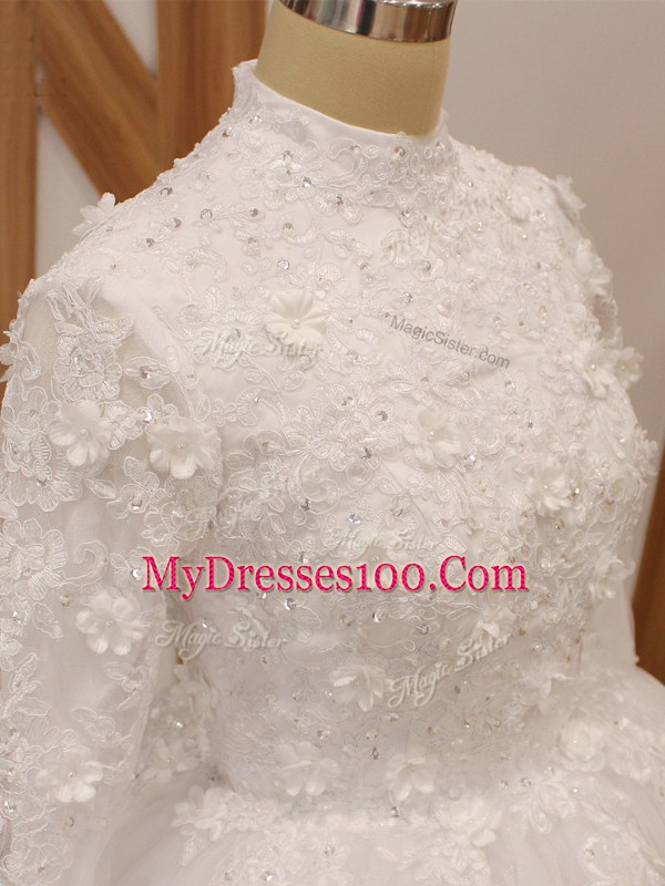 Long Sleeves Court Train Zipper Lace and Appliques Wedding Dress