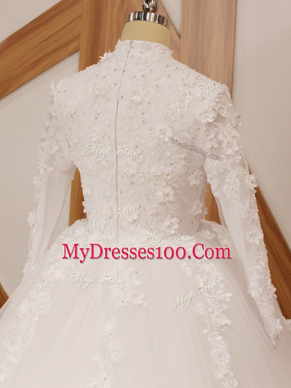 Long Sleeves Court Train Zipper Lace and Appliques Wedding Dress