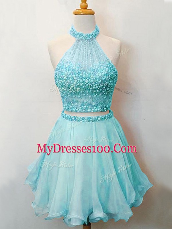 Dazzling Halter Top Sleeveless Lace Up Court Dresses for Sweet 16 Aqua Blue Organza