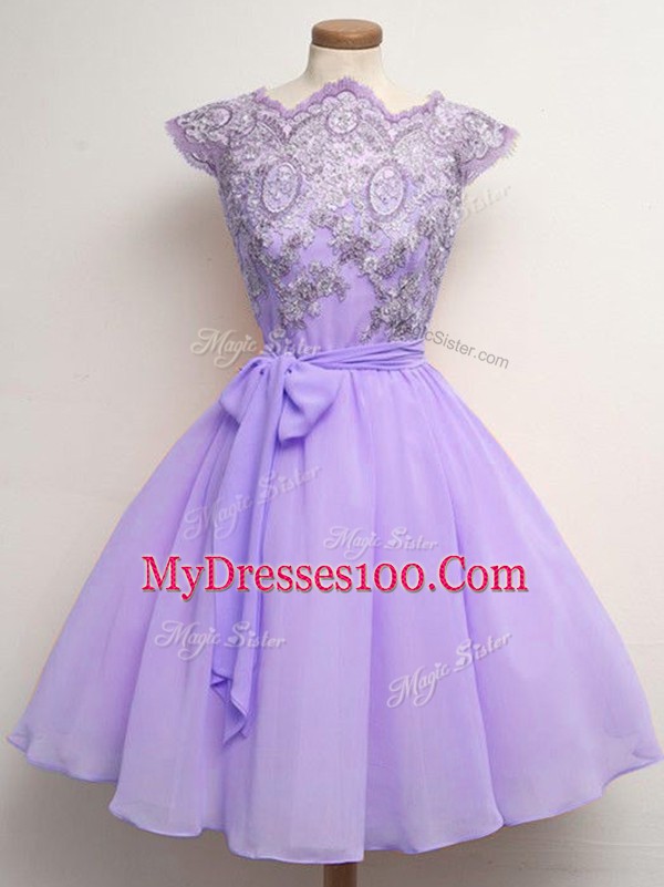 Lavender Wedding Party Dress Prom and Party and Wedding Party with Lace and Belt Scalloped Cap Sleeves Lace Up
