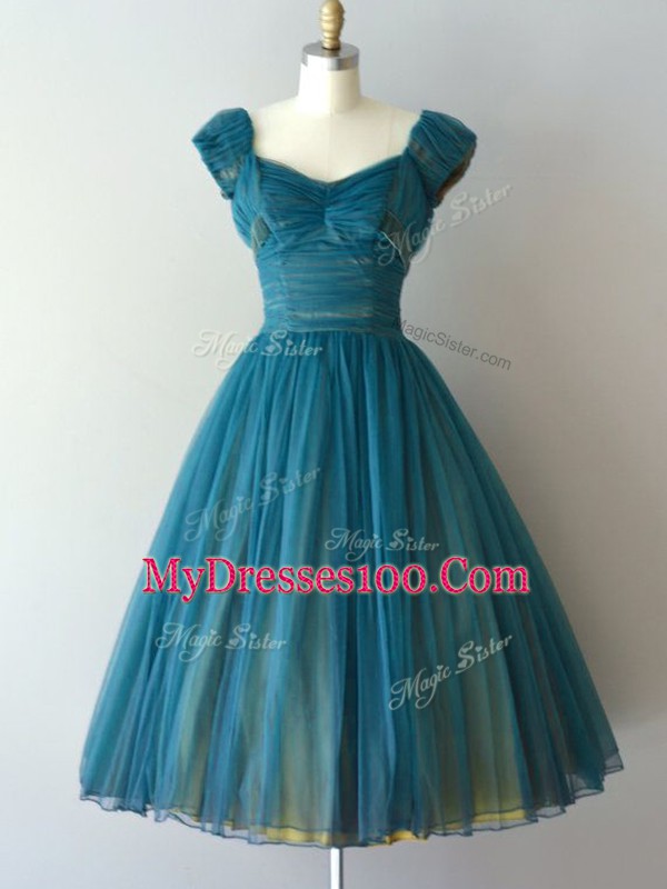 Teal V-neck Zipper Ruching Bridesmaids Dress Cap Sleeves
