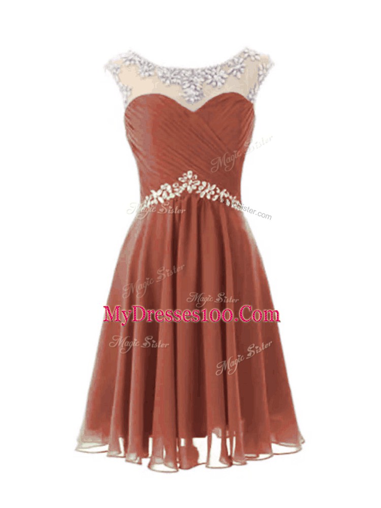 Brown Cap Sleeves Knee Length Beading Zipper Pageant Dress for Girls