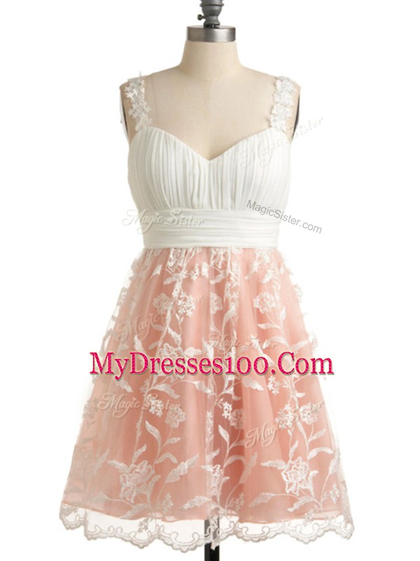 Beauteous Peach Straps Neckline Lace Bridesmaid Dresses Sleeveless Lace Up