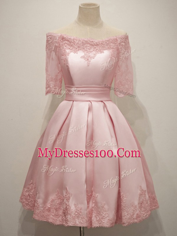 Attractive Pink A-line V-neck Half Sleeves Taffeta Knee Length Lace Up Lace Bridesmaid Dresses