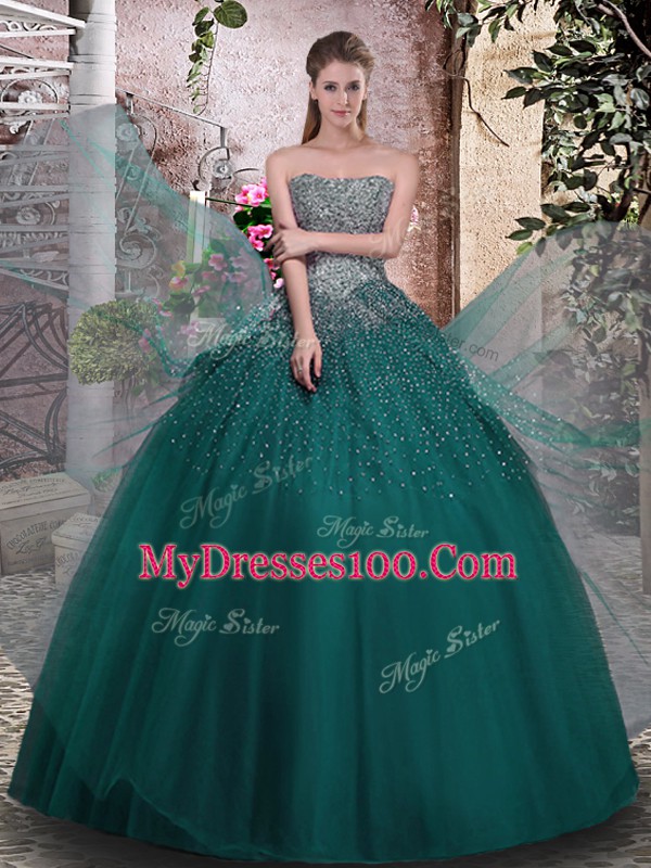 New Arrival Dark Green Ball Gowns Tulle Strapless Sleeveless Beading Floor Length Lace Up Quinceanera Dress