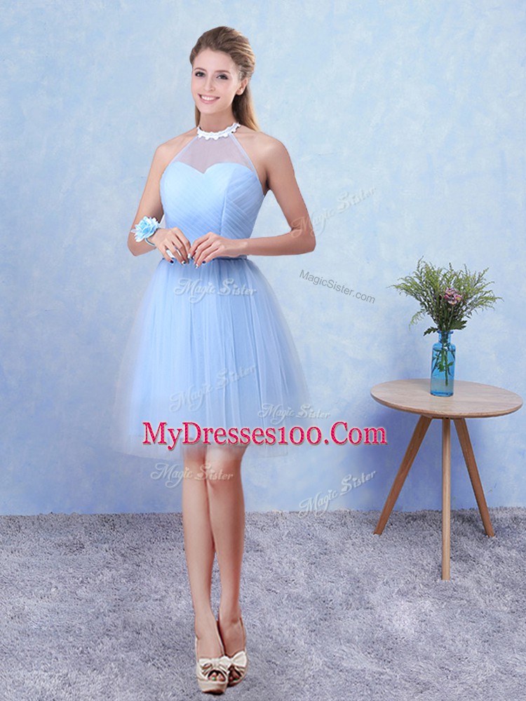 Knee Length Blue Quinceanera Court of Honor Dress Halter Top Sleeveless Lace Up