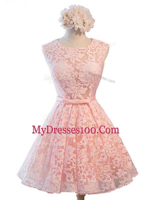 Sumptuous Pink Lace Up Bridesmaids Dress Belt Sleeveless Knee Length