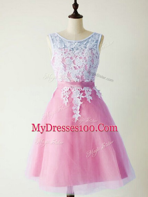 Knee Length Lace Up Bridesmaid Dresses Lilac for Prom and Party and Wedding Party with Lace