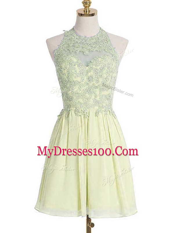 Attractive Knee Length Light Yellow Bridesmaids Dress Chiffon Sleeveless Appliques