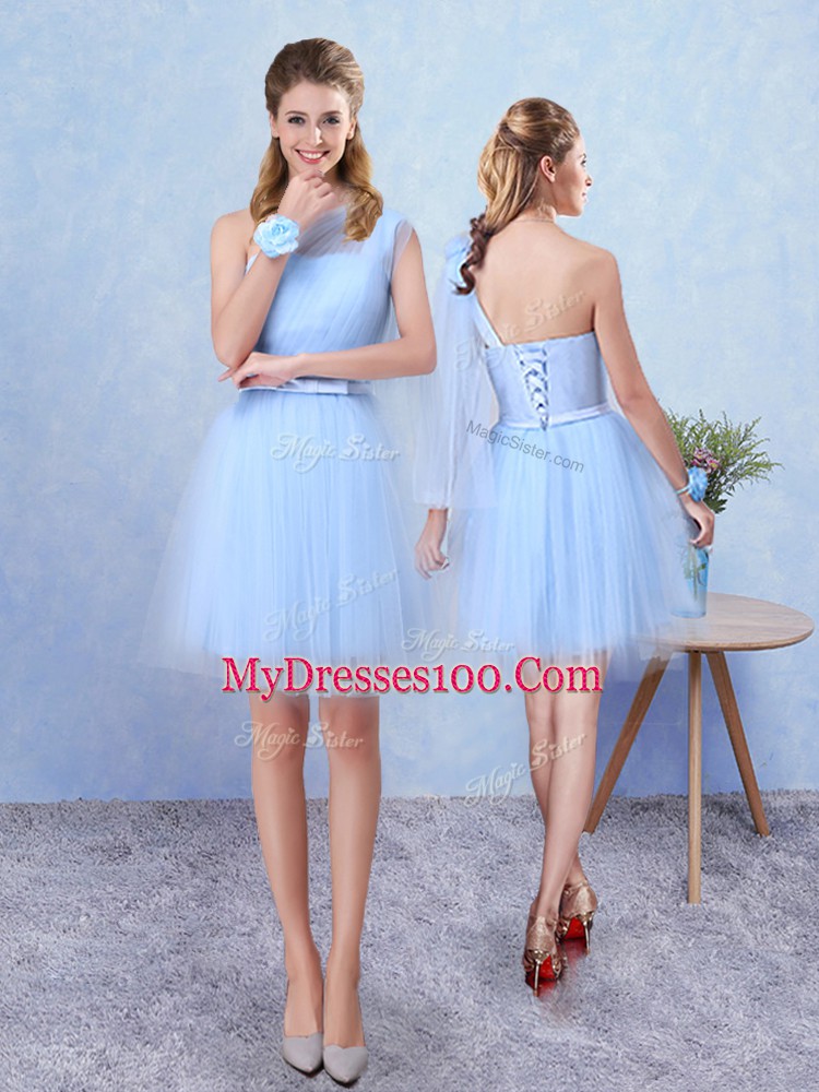 Aqua Blue Bridesmaids Dress Prom and Party with Belt Asymmetric Sleeveless Lace Up