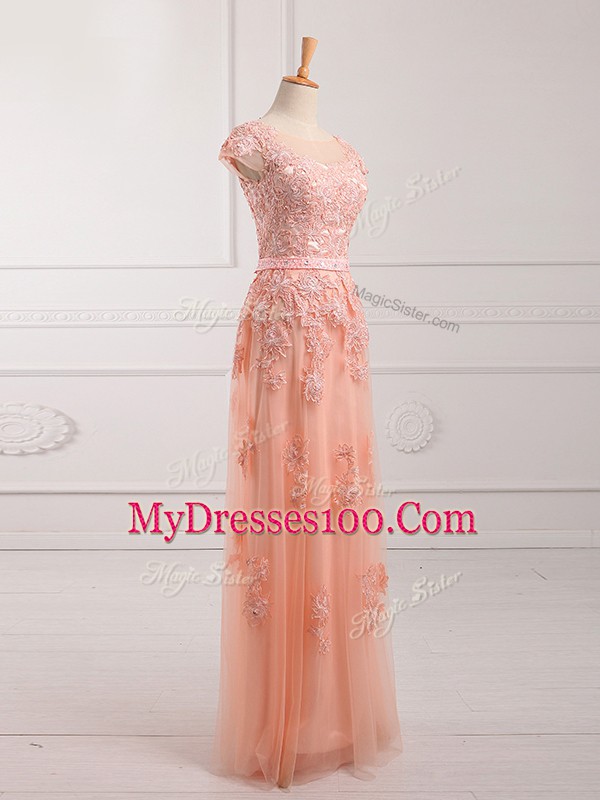 Peach Scoop Lace Up Lace and Appliques and Belt Mother Of The Bride Dress Cap Sleeves