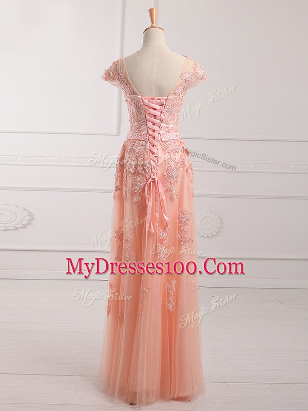 Peach Scoop Lace Up Lace and Appliques and Belt Mother Of The Bride Dress Cap Sleeves