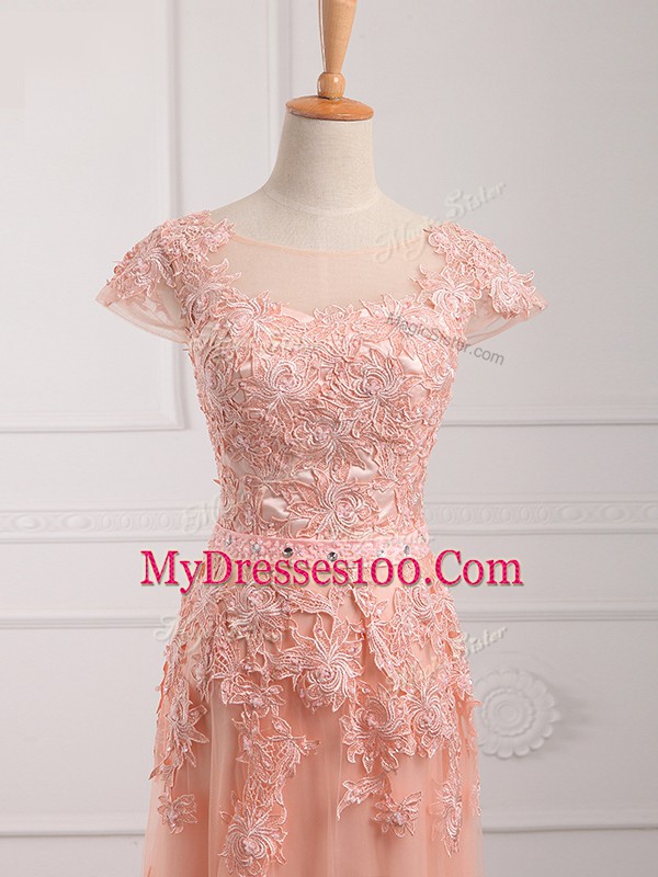 Peach Scoop Lace Up Lace and Appliques and Belt Mother Of The Bride Dress Cap Sleeves