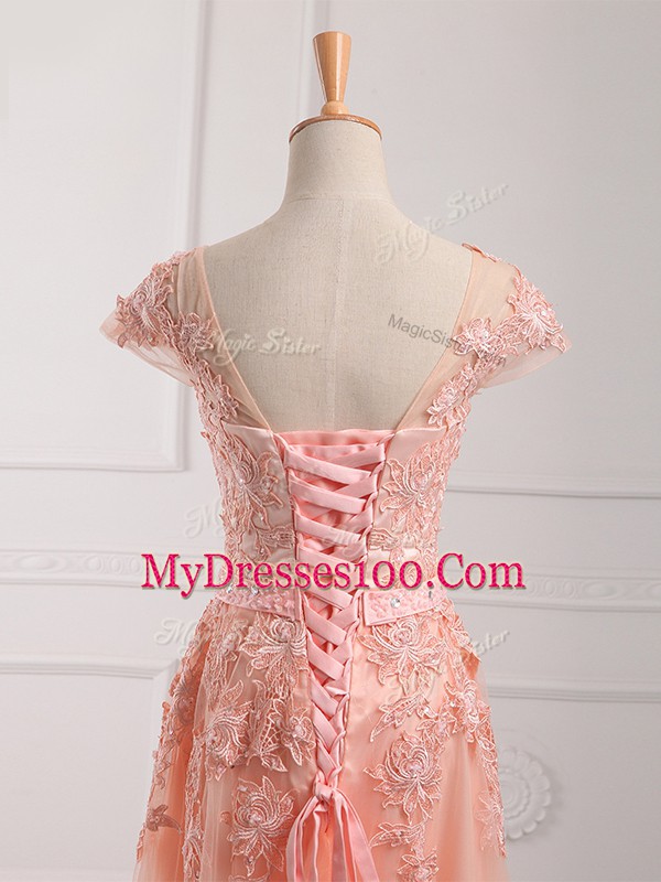 Peach Scoop Lace Up Lace and Appliques and Belt Mother Of The Bride Dress Cap Sleeves