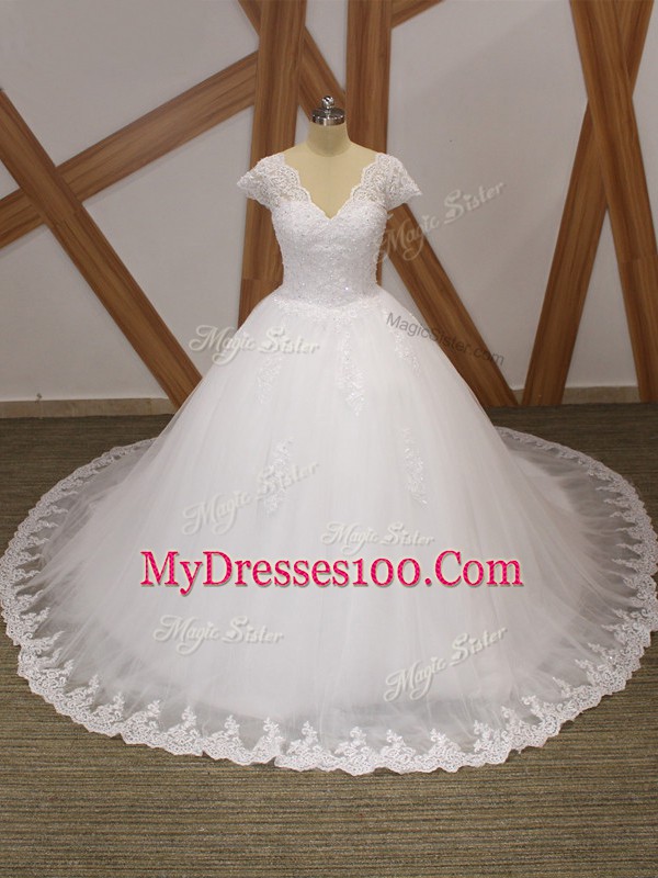 V-neck Short Sleeves Bridal Gown Chapel Train Beading and Lace and Appliques White Tulle