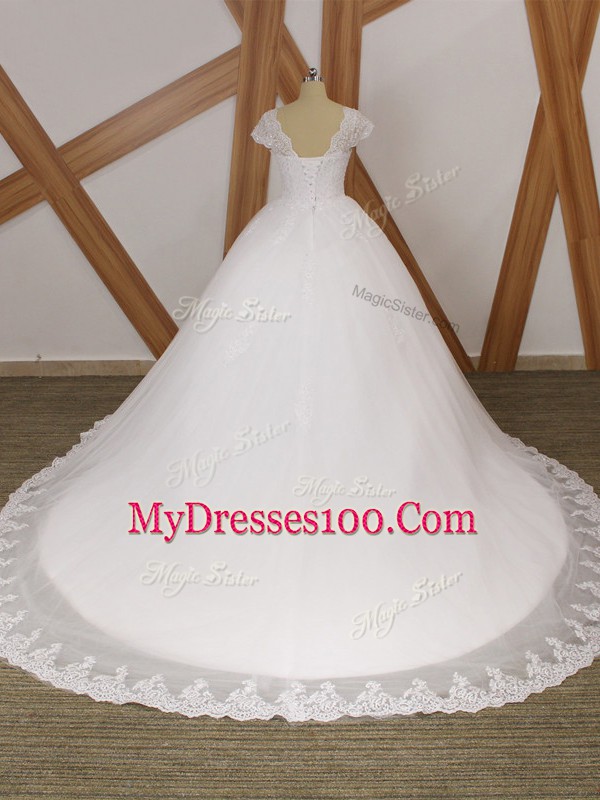 V-neck Short Sleeves Bridal Gown Chapel Train Beading and Lace and Appliques White Tulle