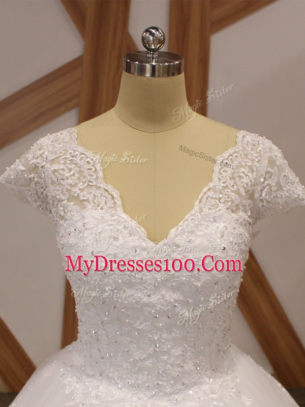 V-neck Short Sleeves Bridal Gown Chapel Train Beading and Lace and Appliques White Tulle