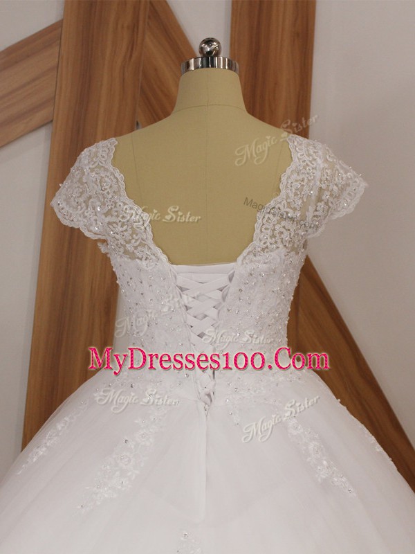 V-neck Short Sleeves Bridal Gown Chapel Train Beading and Lace and Appliques White Tulle