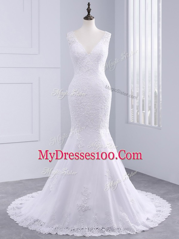 Suitable Brush Train Mermaid Wedding Gowns White V-neck Tulle Sleeveless Backless