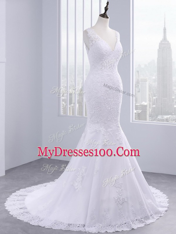 Suitable Brush Train Mermaid Wedding Gowns White V-neck Tulle Sleeveless Backless