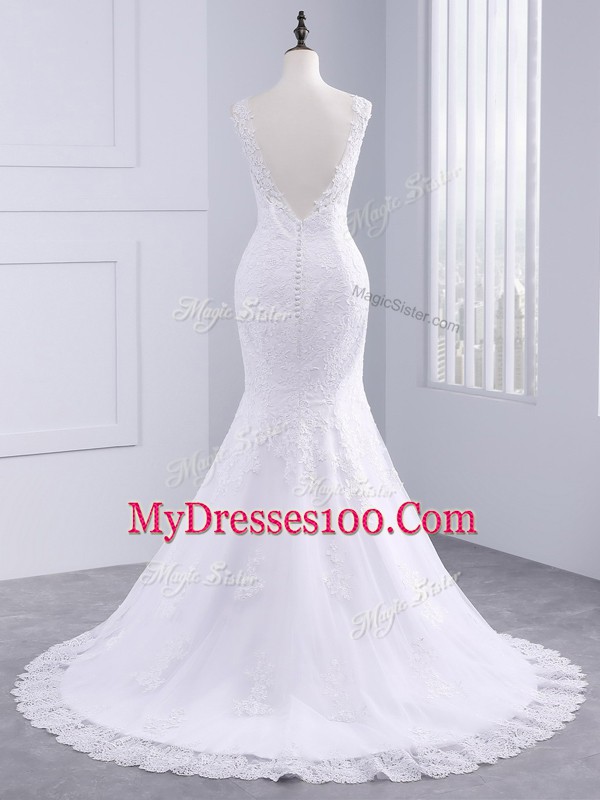 Suitable Brush Train Mermaid Wedding Gowns White V-neck Tulle Sleeveless Backless