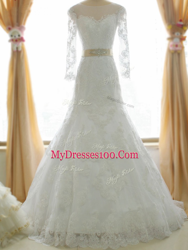 White Long Sleeves Lace and Appliques Zipper Wedding Gown