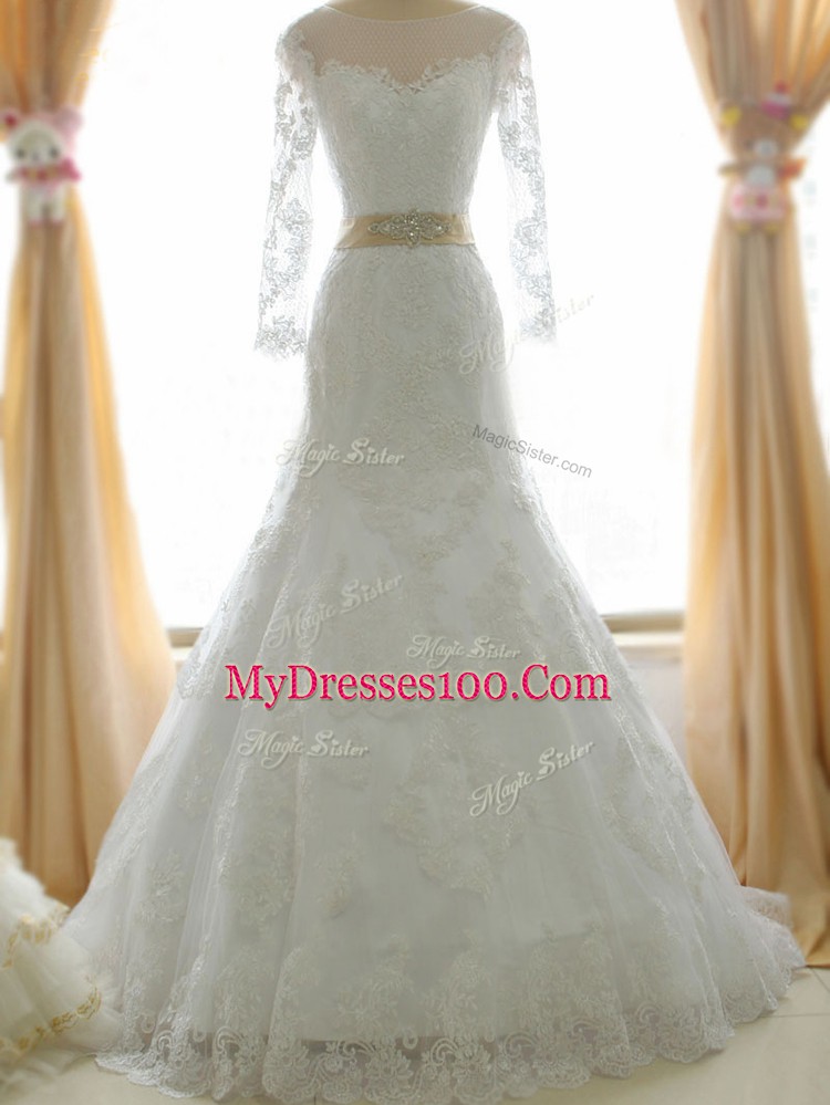 White Long Sleeves Lace and Appliques Zipper Wedding Gown