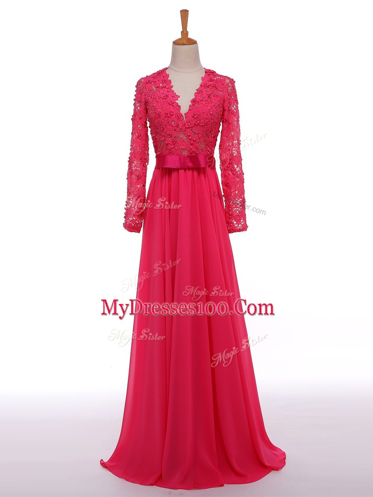 V-neck Long Sleeves Zipper Mother Of The Bride Dress Hot Pink Chiffon