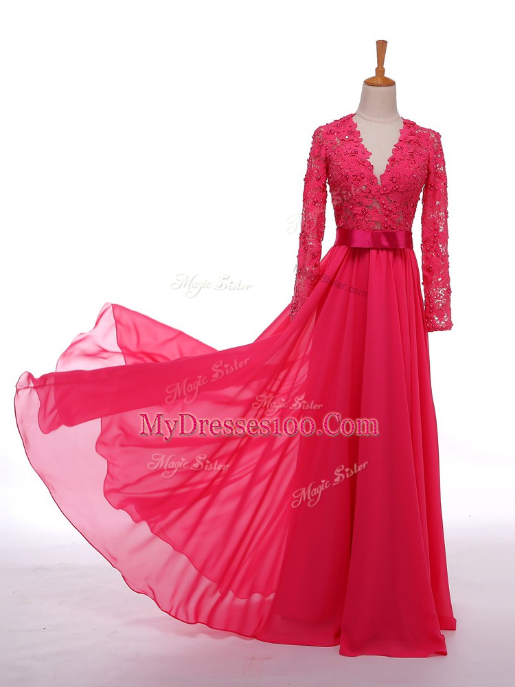V-neck Long Sleeves Zipper Mother Of The Bride Dress Hot Pink Chiffon