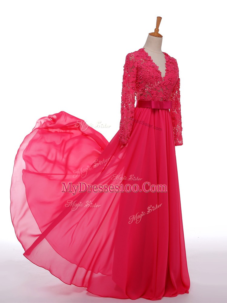 V-neck Long Sleeves Zipper Mother Of The Bride Dress Hot Pink Chiffon