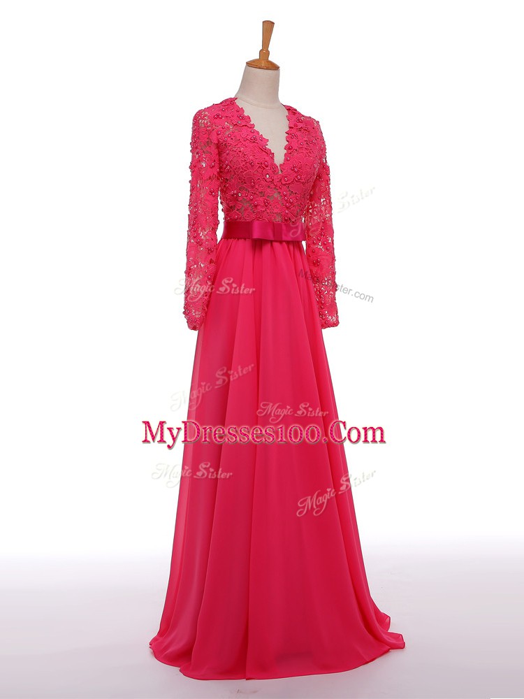 V-neck Long Sleeves Zipper Mother Of The Bride Dress Hot Pink Chiffon