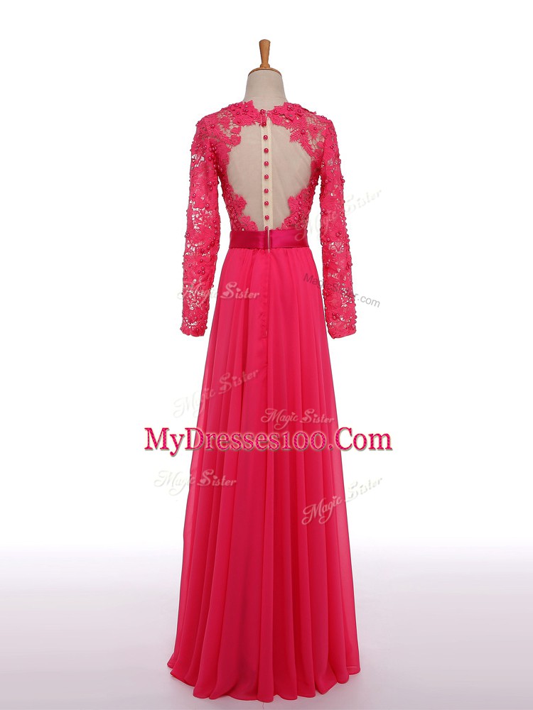 V-neck Long Sleeves Zipper Mother Of The Bride Dress Hot Pink Chiffon