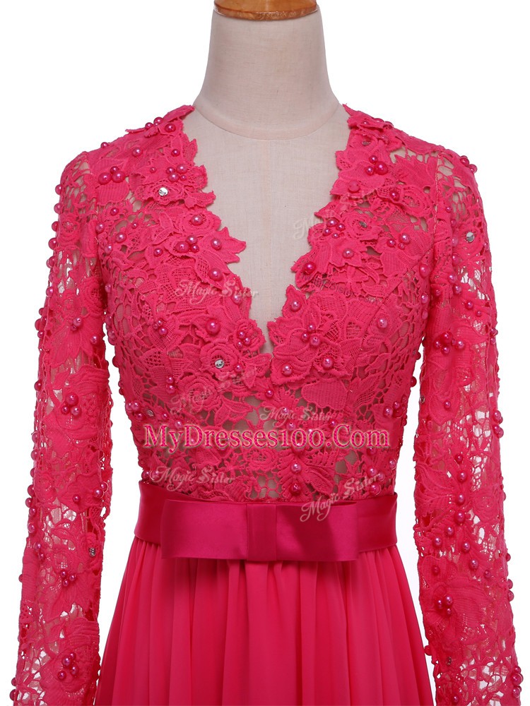 V-neck Long Sleeves Zipper Mother Of The Bride Dress Hot Pink Chiffon