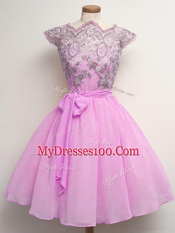 Lilac Lace Up Wedding Guest Dresses Lace and Belt Cap Sleeves Knee Length