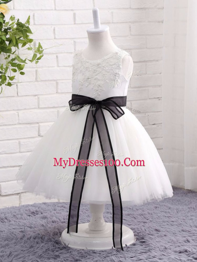 High Class White Sleeveless Mini Length Lace and Bowknot Zipper Kids Pageant Dress