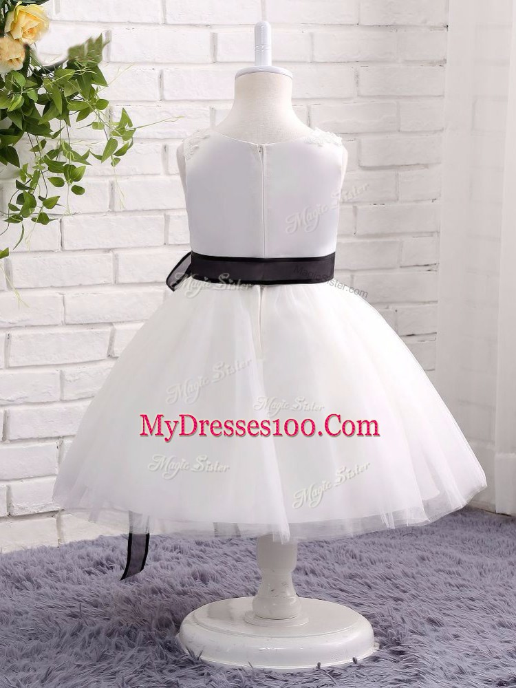 High Class White Sleeveless Mini Length Lace and Bowknot Zipper Kids Pageant Dress