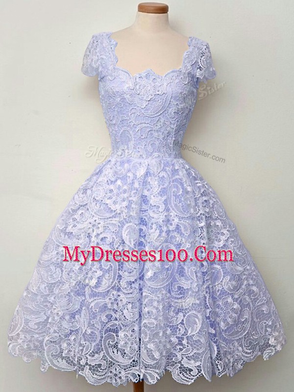 Knee Length Lace Up Bridesmaid Dress Lavender for Prom and Party and Wedding Party with Lace