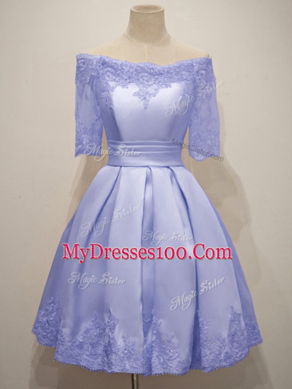 Lavender A-line Off The Shoulder Half Sleeves Taffeta Knee Length Lace Up Lace Quinceanera Court of Honor Dress