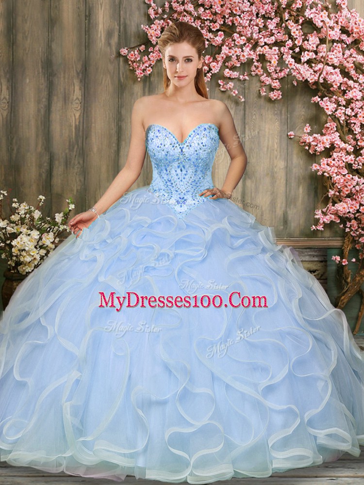 Light Blue Ball Gowns Beading and Ruffles Sweet 16 Dresses Lace Up Tulle Sleeveless Floor Length