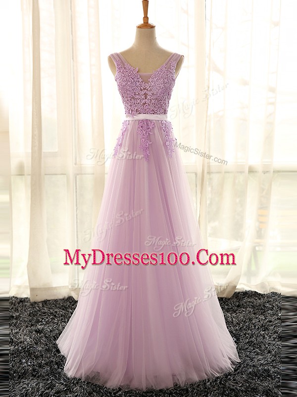 Fashionable Lilac Sleeveless Floor Length Appliques Lace Up Bridesmaid Dresses