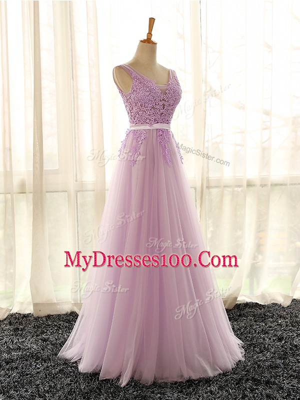 Fashionable Lilac Sleeveless Floor Length Appliques Lace Up Bridesmaid Dresses