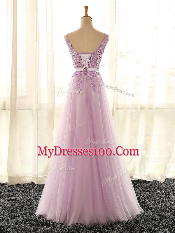 Fashionable Lilac Sleeveless Floor Length Appliques Lace Up Bridesmaid Dresses